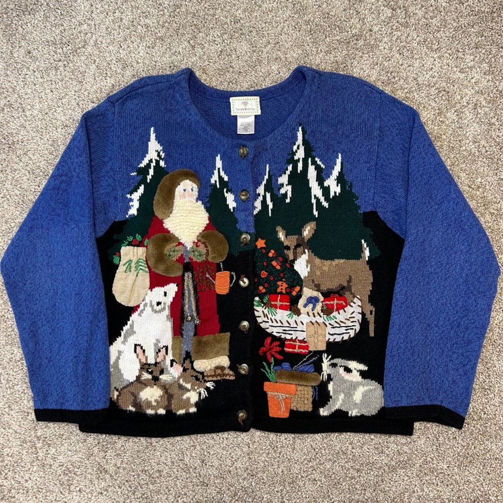 Vintage Susan Bristol Santa Claus Christmas Sweater Cardigan NO SIZE (L) Bells - Picture 2 of 8